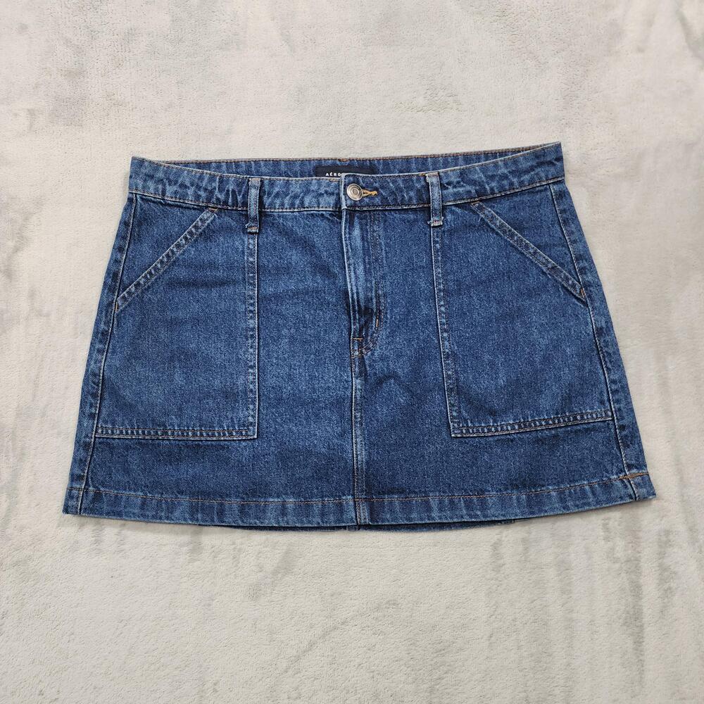 Aeropostale Skirt Womens 14 Blue Denim High Rise Mini Pockets Casual A-Line